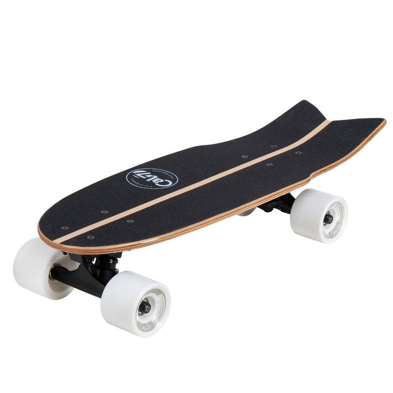 Cal 7 Meadow 22” Fishtail Mini Cruiser features a floral print graphic, 65mm 80A white wheels, black 4.5-inch wheels