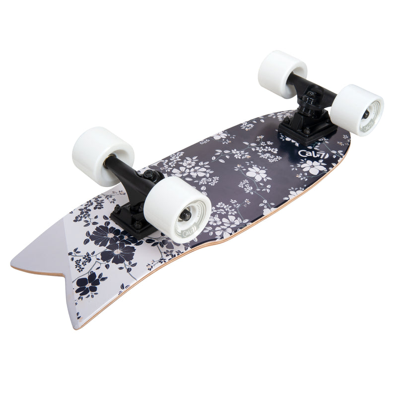 Cal 7 Meadow 22” Fishtail Mini Cruiser features a floral print graphic, 65mm 80A white wheels, black 4.5-inch wheels