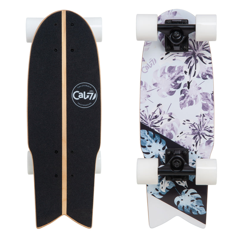 Cal 7 Orchard 22” Fishtail Mini Cruiser features a floral print graphic, 65mm 80A white wheels, black 4.5-inch wheels