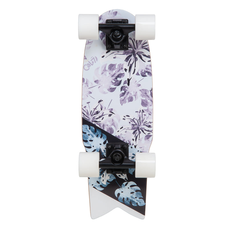 Cal 7 Orchard 22” Fishtail Mini Cruiser features a floral print graphic, 65mm 80A white wheels, black 4.5-inch wheels