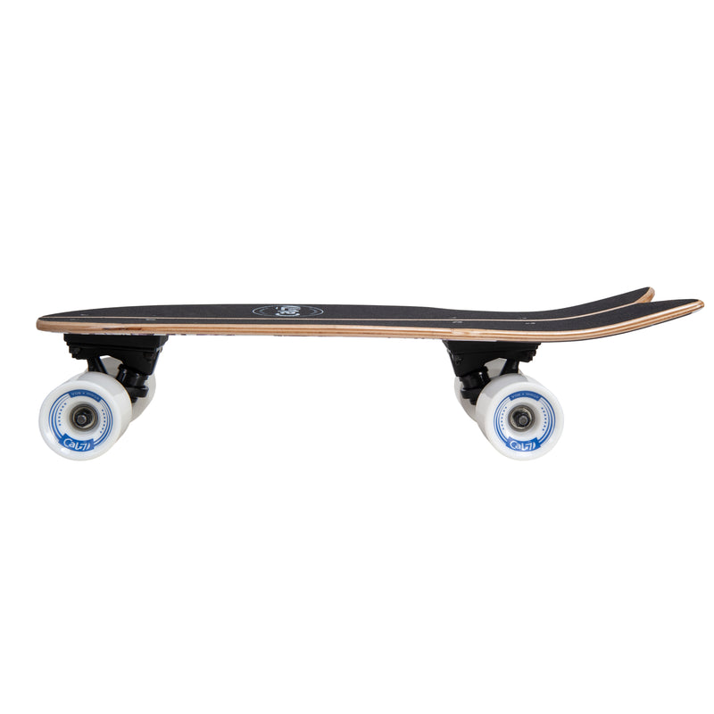 Cal 7 Orchard 22” Fishtail Mini Cruiser features a floral print graphic, 65mm 80A white wheels, black 4.5-inch wheels