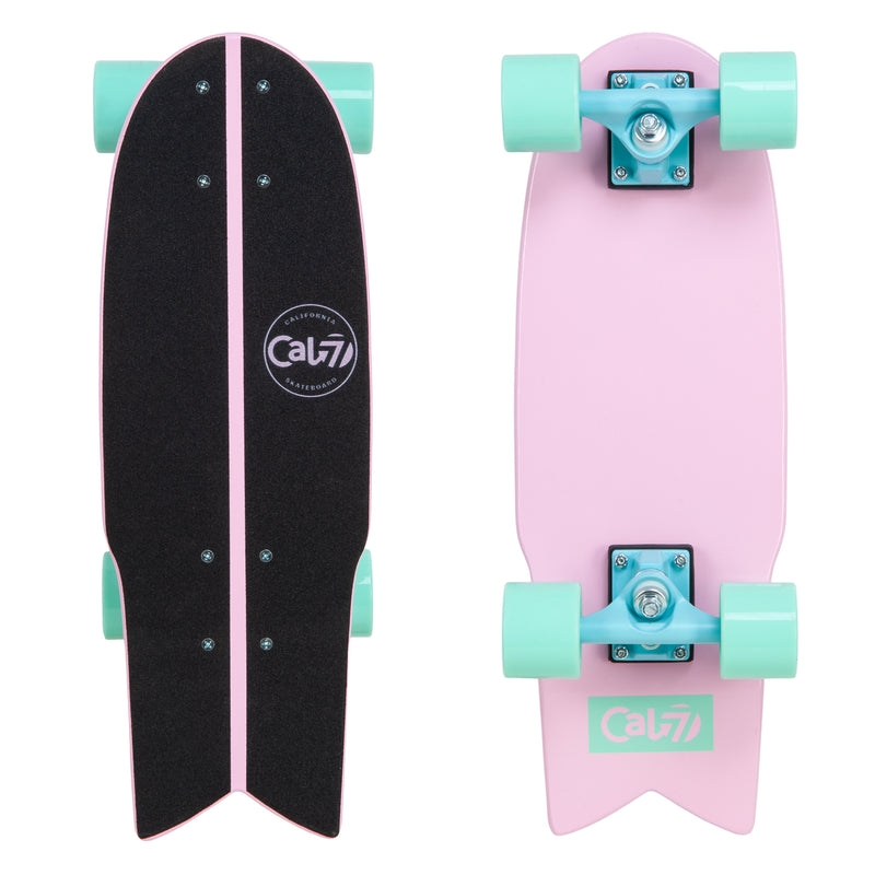 Cal 7 Pansy 22” Fishtail Mini Cruiser pink deck with turquoise 65mm 80A wheels and 4.5-inch trucks