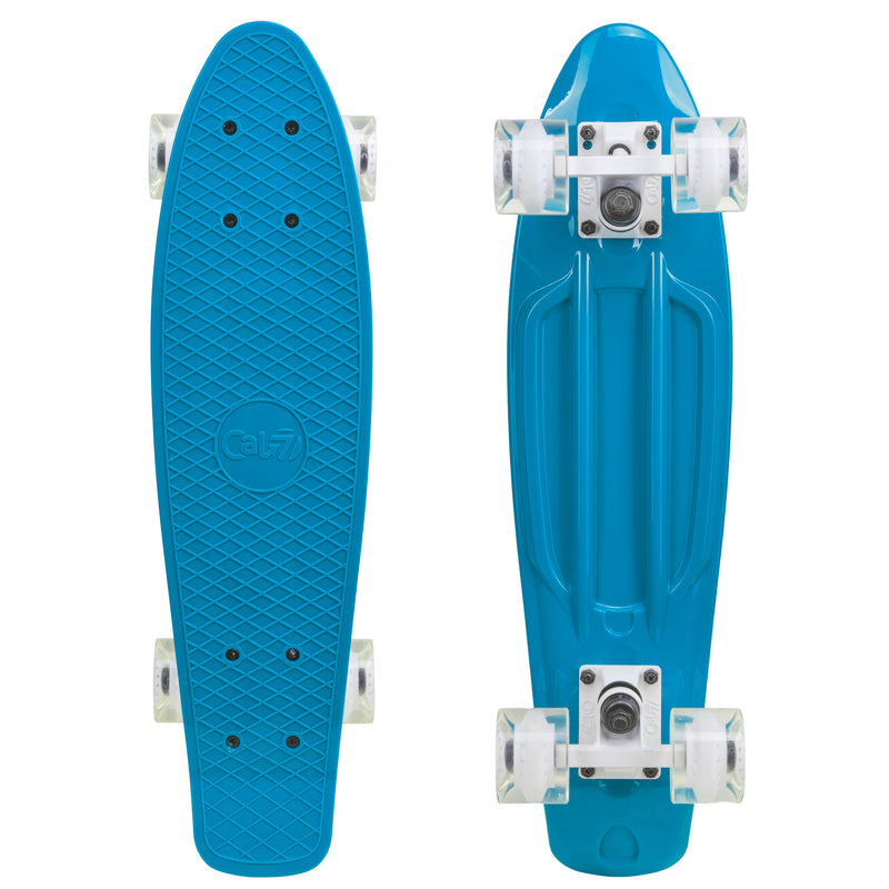 Cal 7 Skyline 22” Mini Cruiser featuring a muted blue plastic deck and 60mm 78A transparent wheels with a white core. 
