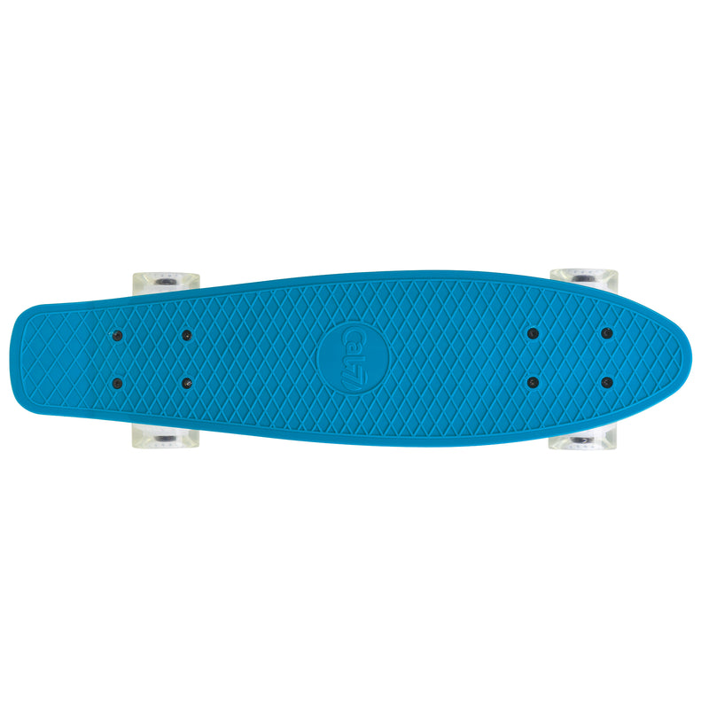 Cal 7 Skyline 22” Mini Cruiser featuring a muted blue plastic deck and 60mm 78A transparent wheels with a white core. 