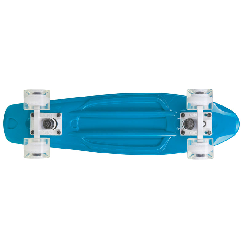 Cal 7 Skyline 22” Mini Cruiser featuring a muted blue plastic deck and 60mm 78A transparent wheels with a white core. 