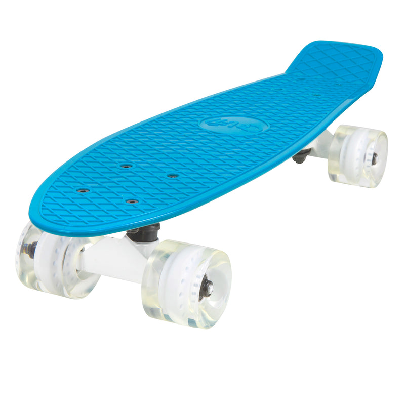 Cal 7 Skyline 22” Mini Cruiser featuring a muted blue plastic deck and 60mm 78A transparent wheels with a white core. 