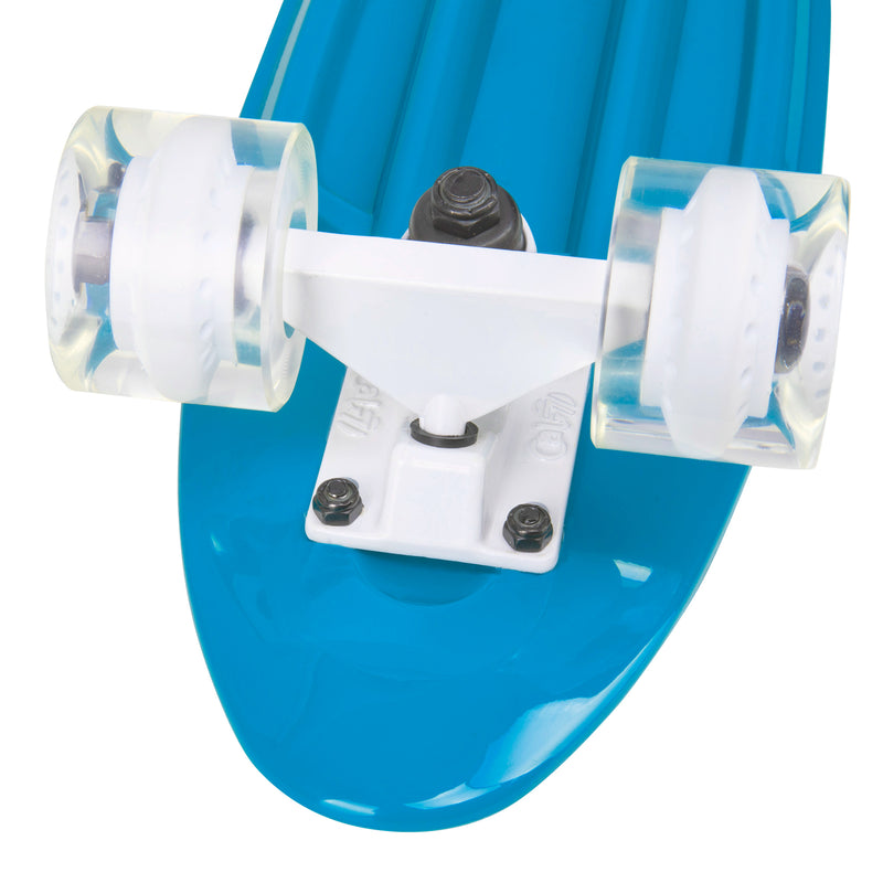 Cal 7 Skyline 22” Mini Cruiser featuring a muted blue plastic deck and 60mm 78A transparent wheels with a white core. 