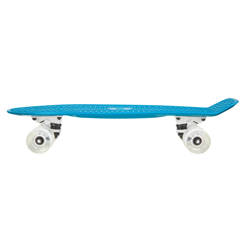Cal 7 Skyline 22” Mini Cruiser featuring a muted blue plastic deck and 60mm 78A transparent wheels with a white core. 