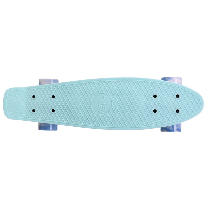 Cal 7 Lily 22.5” Mini Cruiser with Swirl Wheels - featuring pastel blue plastic deck, 78A blue and light pink swirl wheels. 