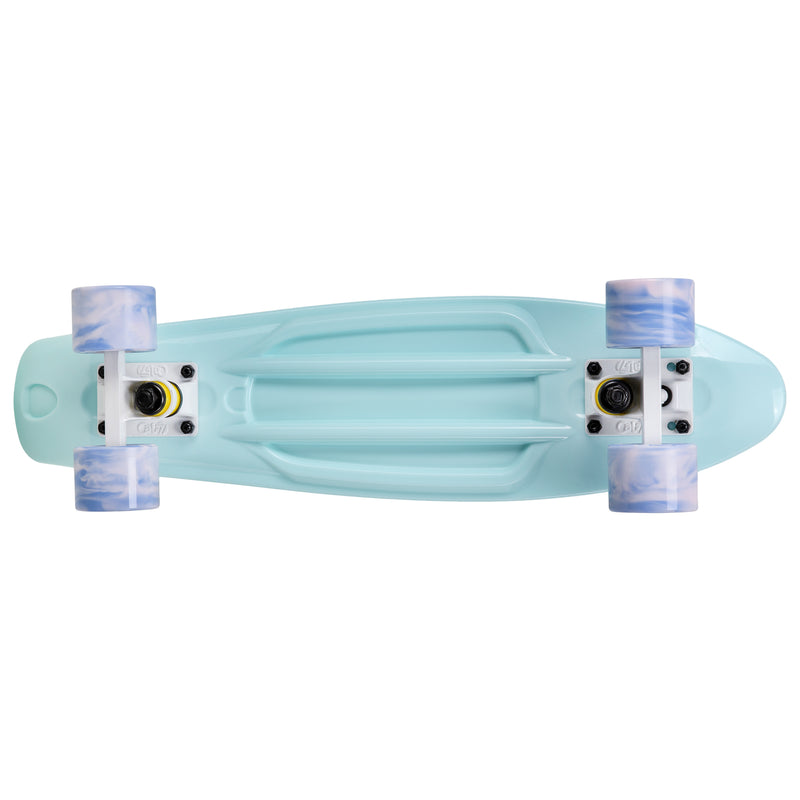 Cal 7 Lily 22.5” Mini Cruiser with Swirl Wheels - featuring pastel blue plastic deck, 78A blue and light pink swirl wheels. 