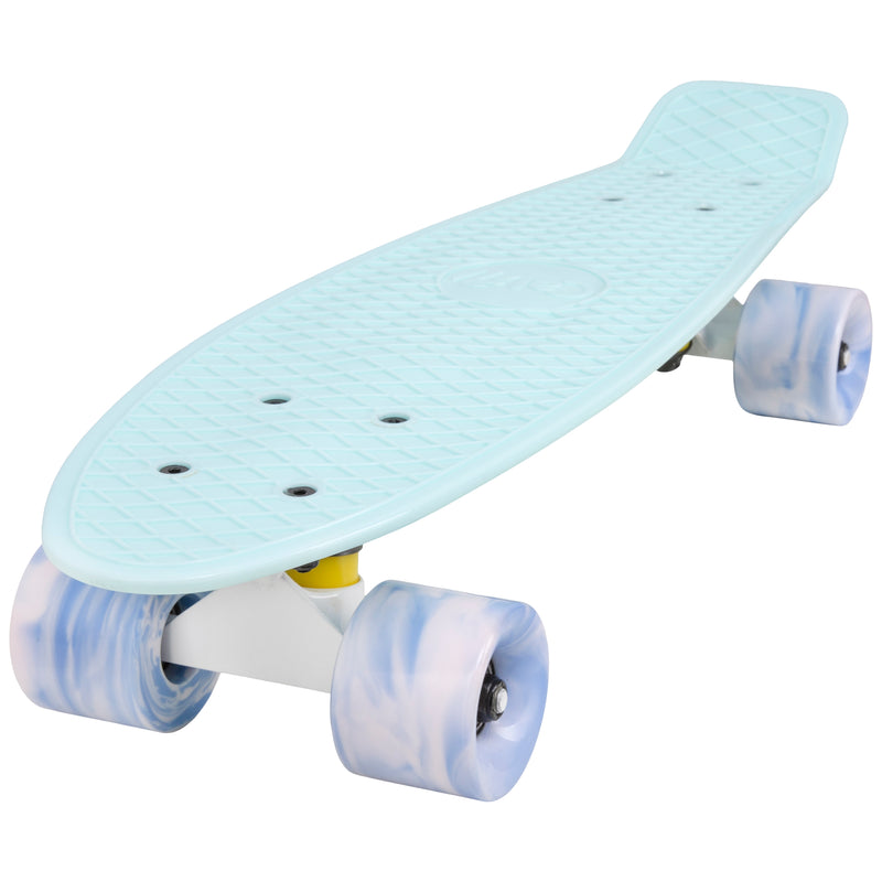 Cal 7 Lily 22.5” Mini Cruiser with Swirl Wheels - featuring pastel blue plastic deck, 78A blue and light pink swirl wheels. 