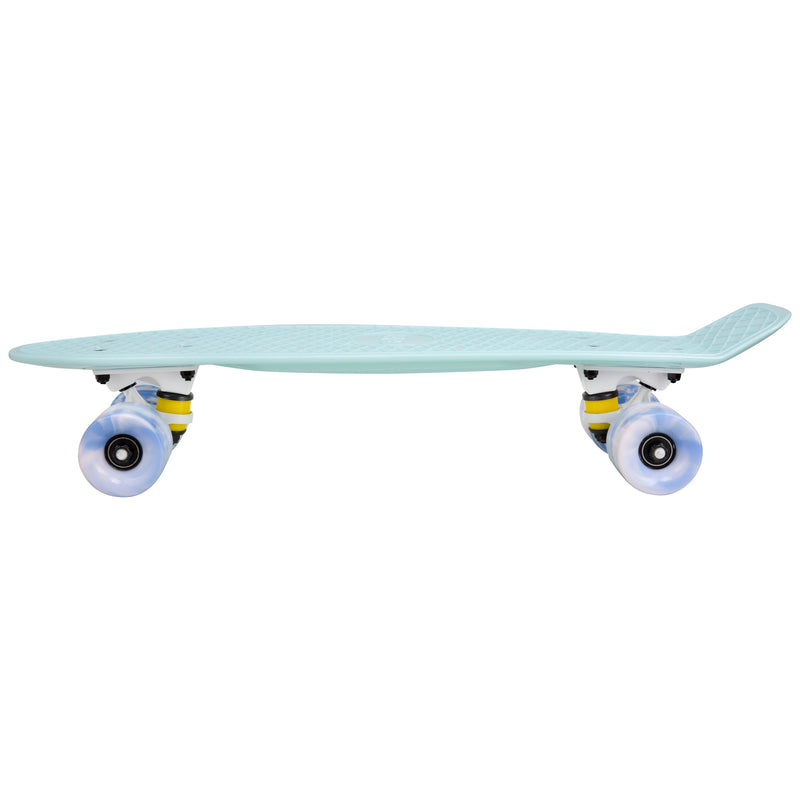 Cal 7 Lily 22.5” Mini Cruiser with Swirl Wheels - featuring pastel blue plastic deck, 78A blue and light pink swirl wheels. 