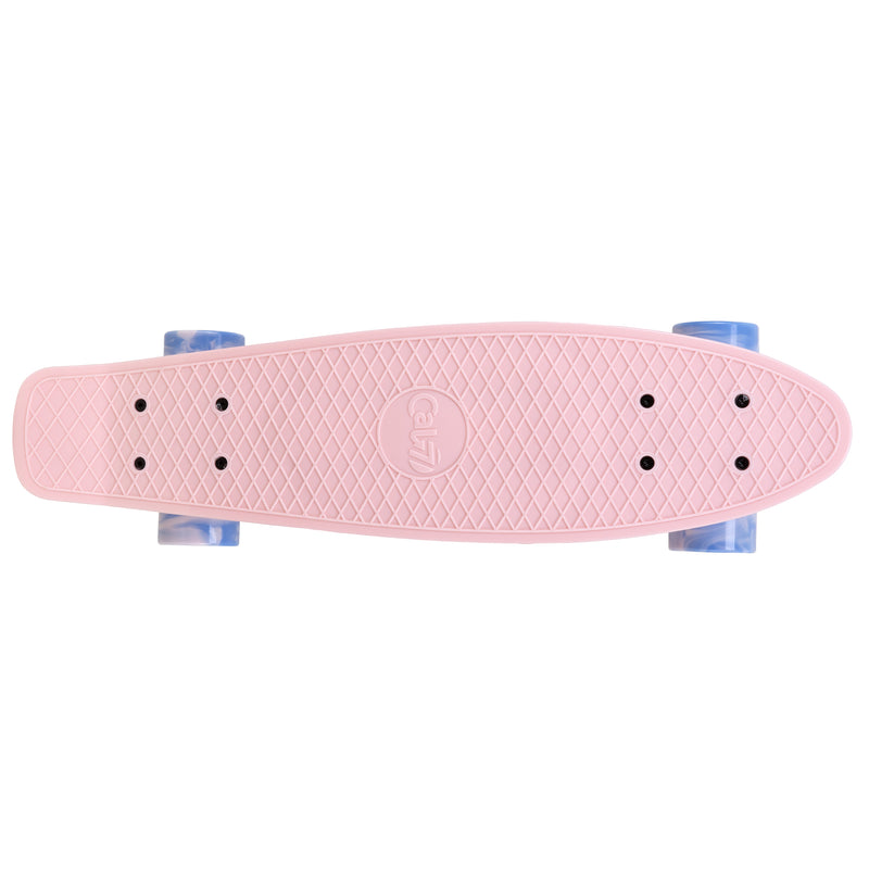Cal 7 Lotus 22.5” Mini Cruiser with Swirl Wheels features a pastel pink plastic deck, 78A blue and light pink swirl wheels. 