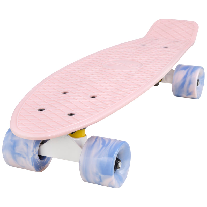 Cal 7 Lotus 22.5” Mini Cruiser with Swirl Wheels features a pastel pink plastic deck, 78A blue and light pink swirl wheels. 