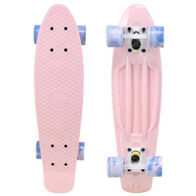 Cal 7 Lotus 22.5” Mini Cruiser with Swirl Wheels features a pastel pink plastic deck, 78A blue and light pink swirl wheels. 