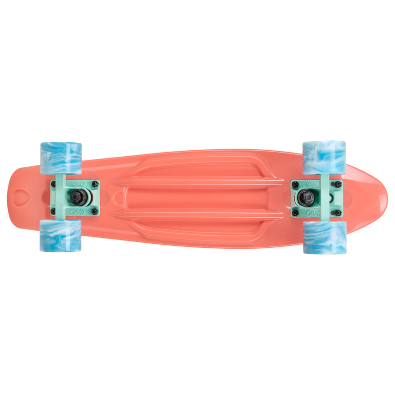 Cal 7 Melrose 22.5” Mini Cruiser with Swirl Wheels - featuring a coral plastic deck, 78A blue and white swirl wheels. 