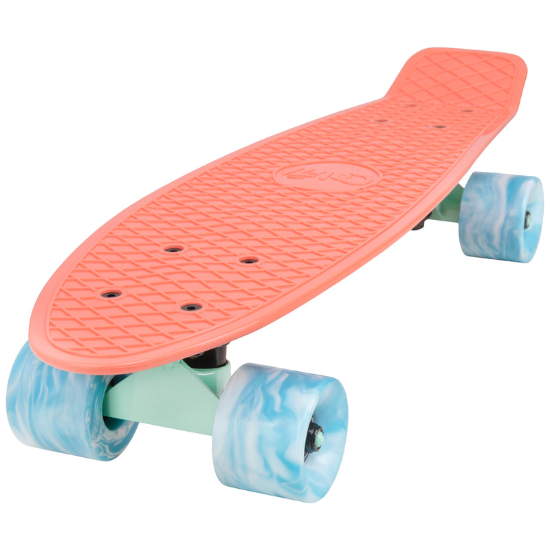 Cal 7 Melrose 22.5” Mini Cruiser with Swirl Wheels - featuring a coral plastic deck, 78A blue and white swirl wheels. 