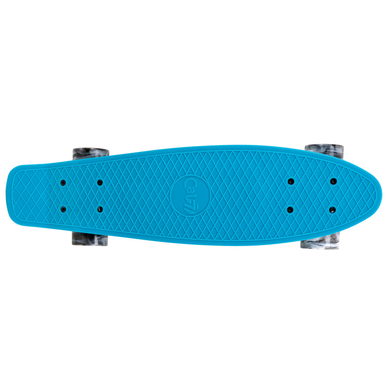 Cal 7 Oceanic 22.5” Mini Cruiser with Swirl Wheels - featuring a muted blue plastic deck, 78A blue and light pink swirl wheels. 