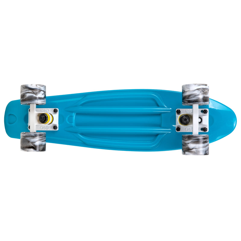 Cal 7 Oceanic 22.5” Mini Cruiser with Swirl Wheels - featuring a muted blue plastic deck, 78A blue and light pink swirl wheels. 