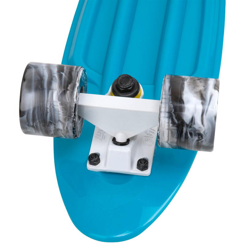 Cal 7 Oceanic 22.5” Mini Cruiser with Swirl Wheels - featuring a muted blue plastic deck, 78A blue and light pink swirl wheels. 
