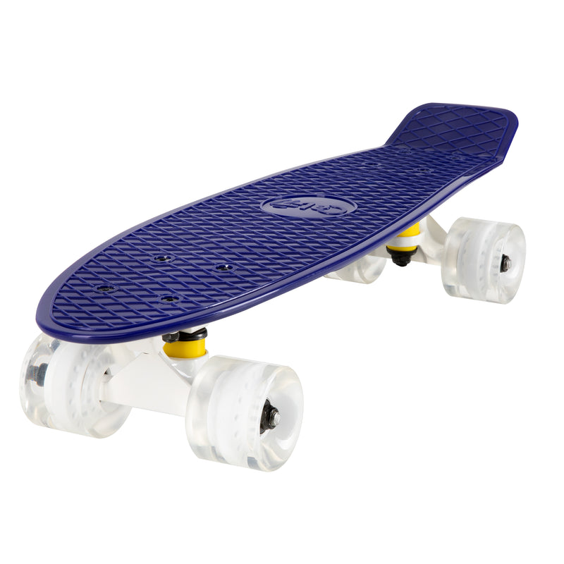 22-inch dark purple mini cruiser with white trucks and clear wheels with a light purple core