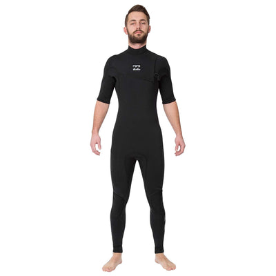 A graphite black Billabong wetsuit with 3/2mm neoprene in a fullsuit fit with a chest zipper entry.