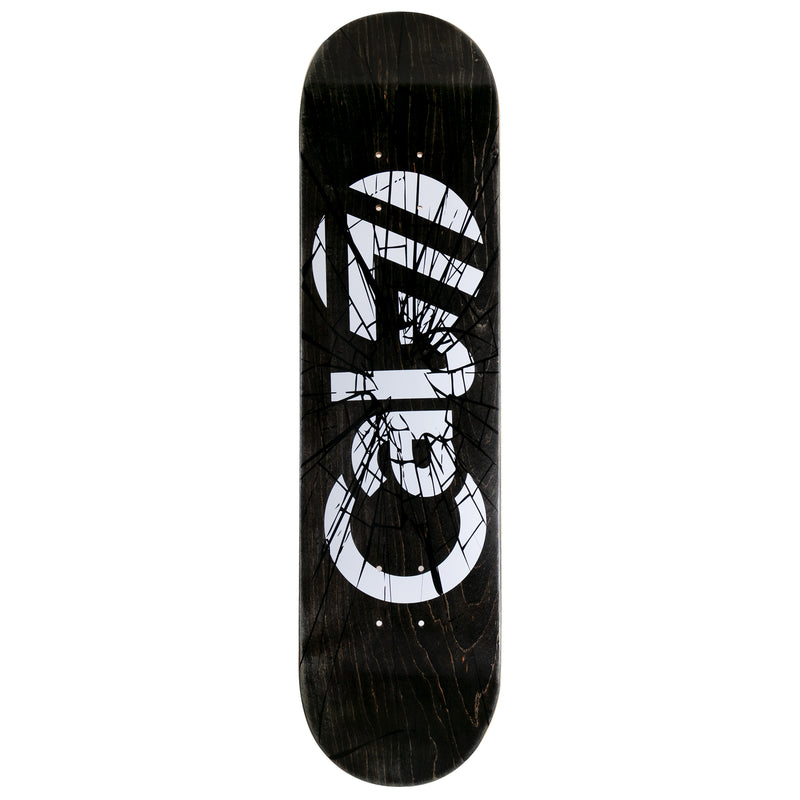  8.25-inch Cal 7 Heist skateboard deck with white Cal 7 logo on a black background and a shattered-glass graphic