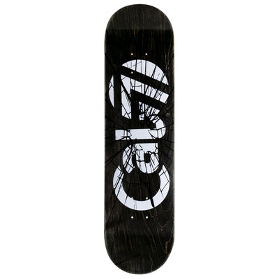 8-inch Cal 7 Heist skateboard deck with white Cal 7 logo on a black background and a shattered-glass graphic