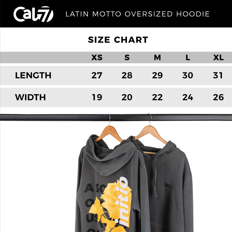 Cal 7 Latin Motto Oversized Hoodie Sweatshirt in Washed Out Black with Yellow Floral Print 