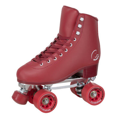 C7skates Cherrypop Quad Roller Skates in a deep red retro structured boot with 62mm wheels and 1-inch heel. 