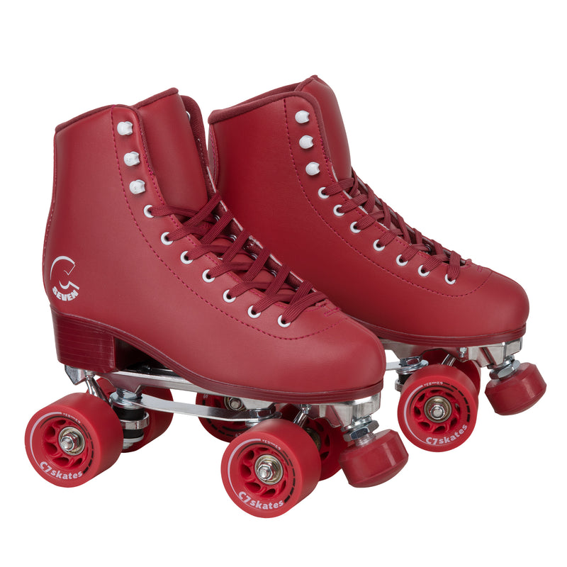 C7skates Cherrypop Quad Roller Skates in a deep red retro structured boot with 62mm wheels and 1-inch heel. 