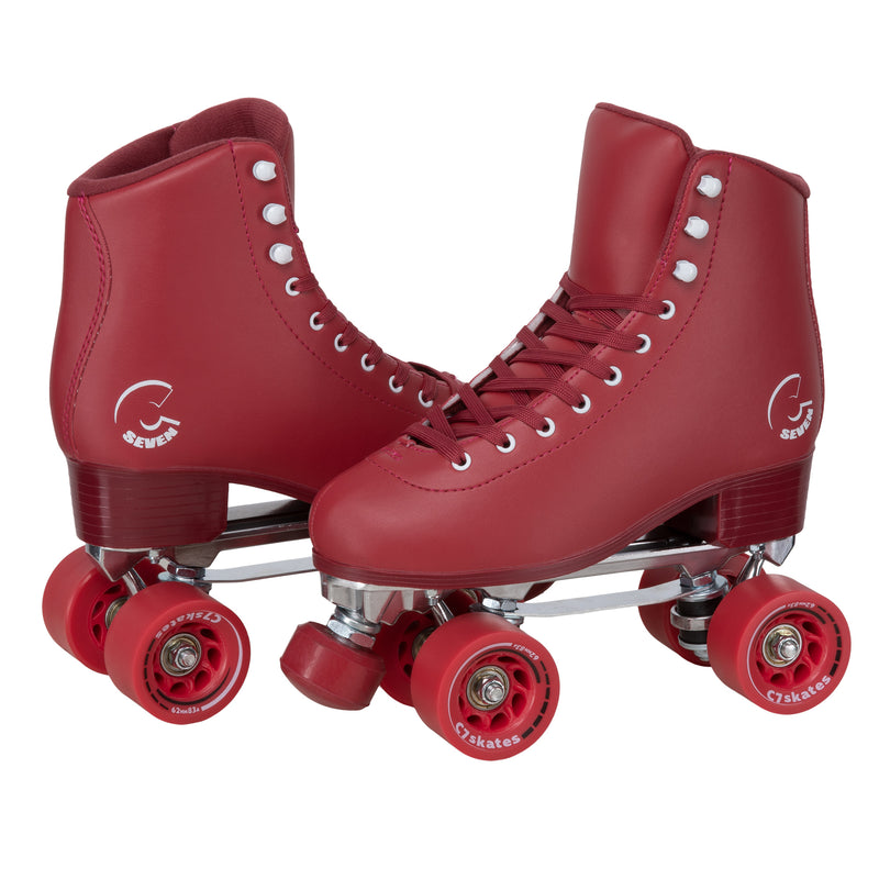 C7skates Cherrypop Quad Roller Skates in a deep red retro structured boot with 62mm wheels and 1-inch heel. 