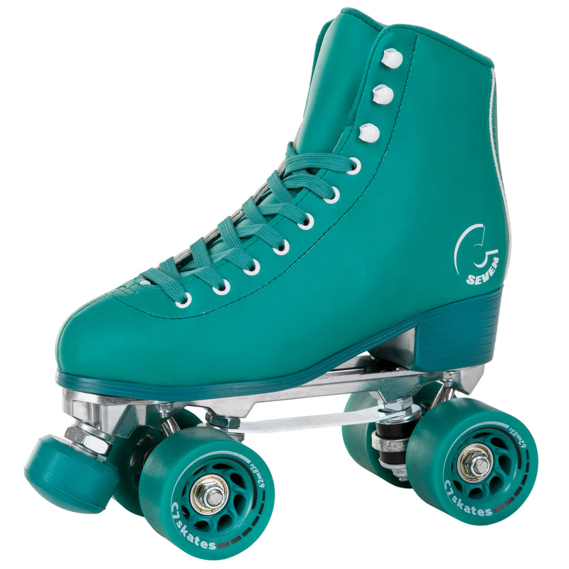 C7skates Enchanted Forest Quad Roller Skates in a green vegan leather structured boot and 62mm wheels. 
