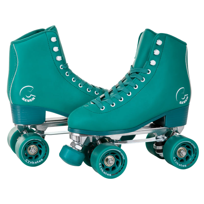 C7skates Enchanted Forest Quad Roller Skates in a green vegan leather structured boot and 62mm wheels. 