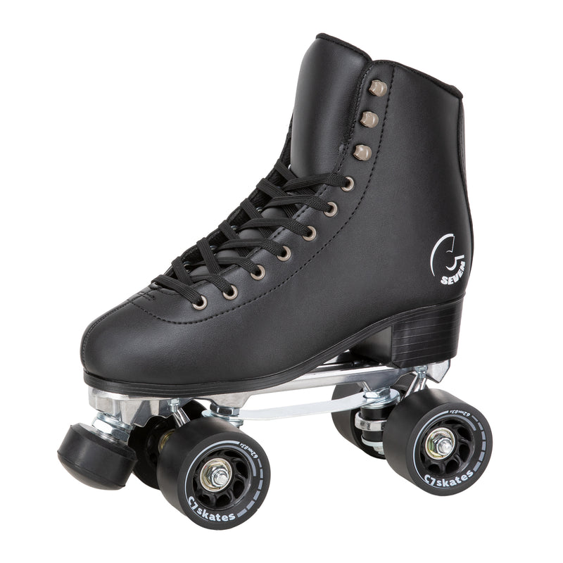 C7skates Femme Fatale Quad Roller Skates in a retro structured boot, solid black vegan leather and 62mm wheels. 