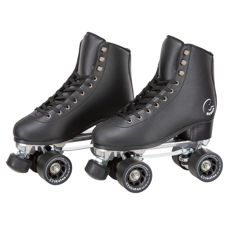 C7skates Femme Fatale Quad Roller Skates in a retro structured boot, solid black vegan leather and 62mm wheels. 