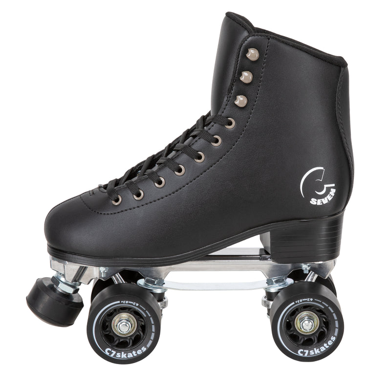 C7skates Femme Fatale Quad Roller Skates in a retro structured boot, solid black vegan leather and 62mm wheels. 