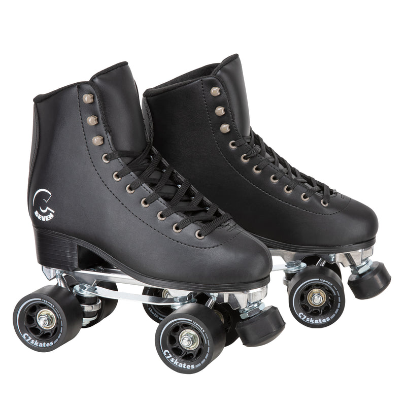 C7skates Femme Fatale Quad Roller Skates in a retro structured boot, solid black vegan leather and 62mm wheels. 