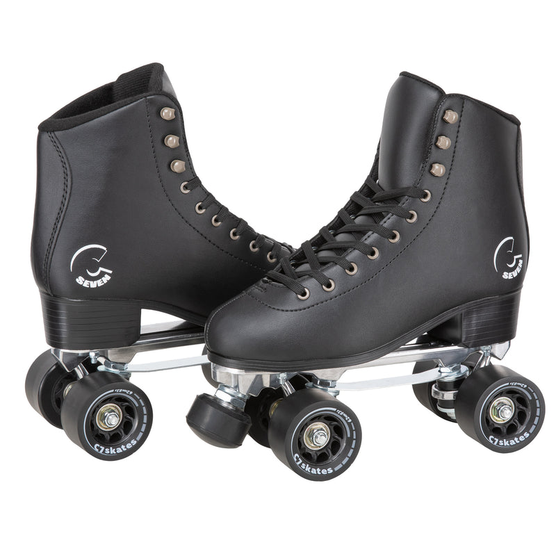 C7skates Femme Fatale Quad Roller Skates in a retro structured boot, solid black vegan leather and 62mm wheels. 