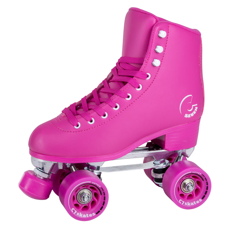 C7skates Moon Rose Quad Roller Skates in a pink vegan leather structured boot and 62mm wheels. 