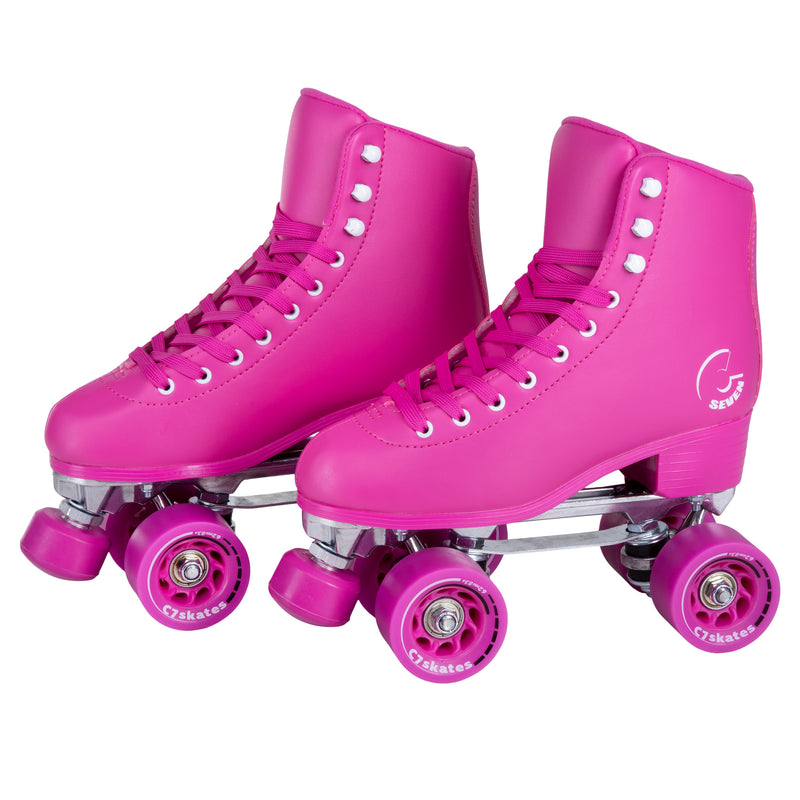 C7skates Moon Rose Quad Roller Skates in a pink vegan leather structured boot and 62mm wheels. 