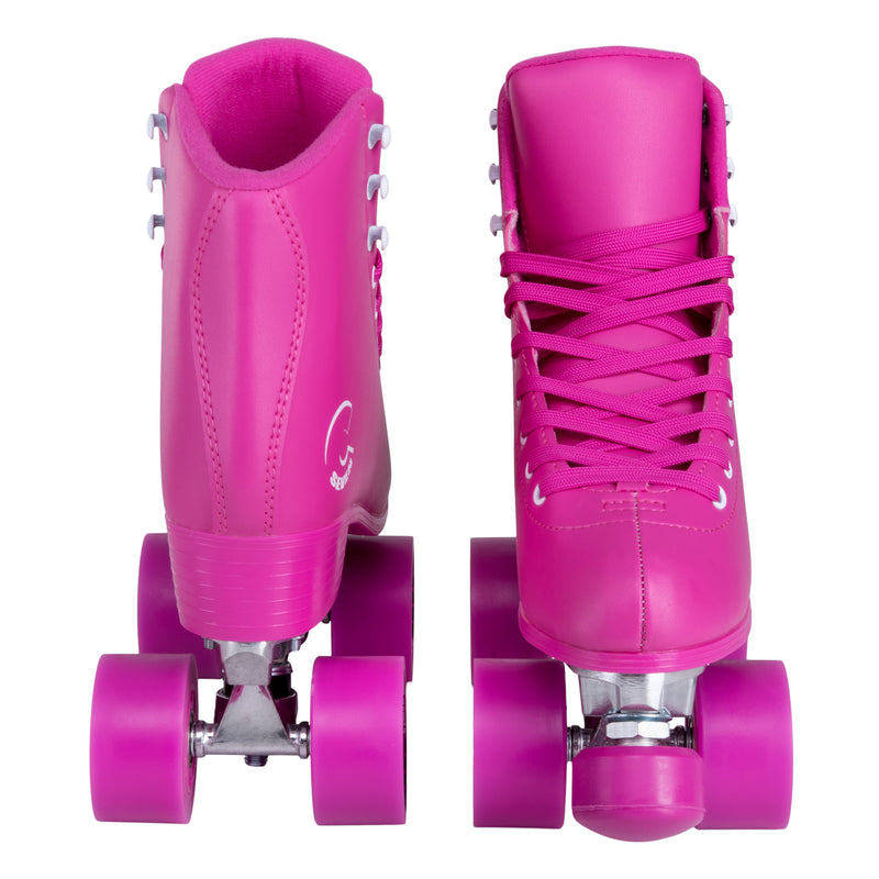 C7skates Moon Rose Quad Roller Skates in a pink vegan leather structured boot and 62mm wheels. 
