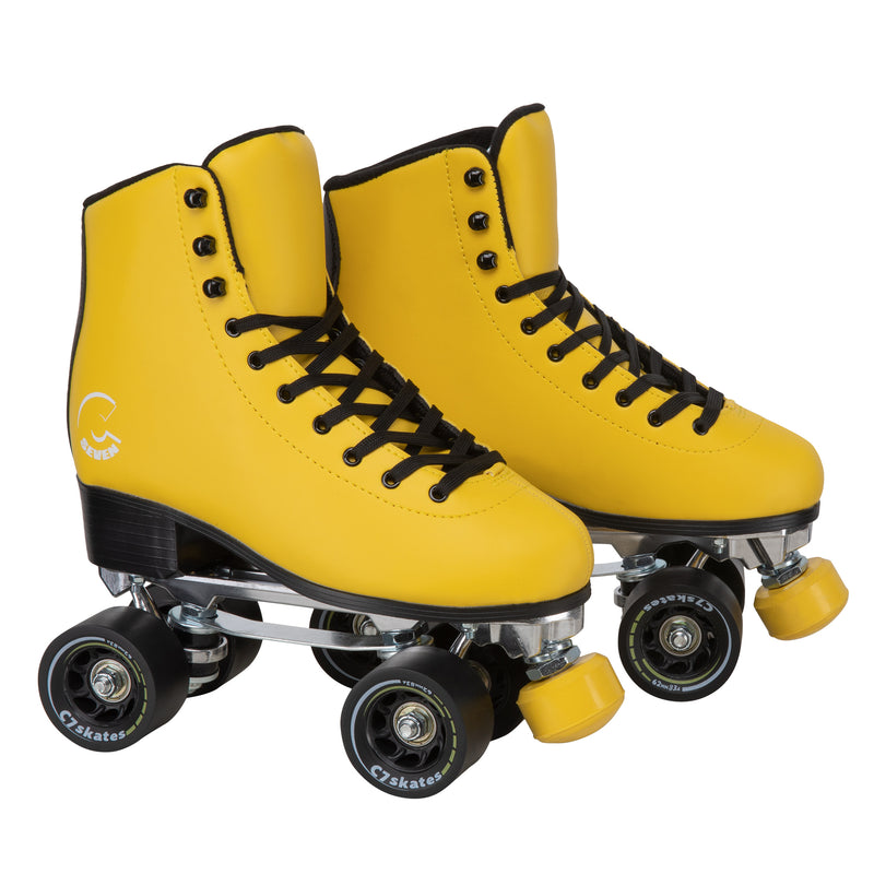 C7skates Queen Bee Quad Roller Skates in a yellow structured boot with black accents and 62mm wheels. 