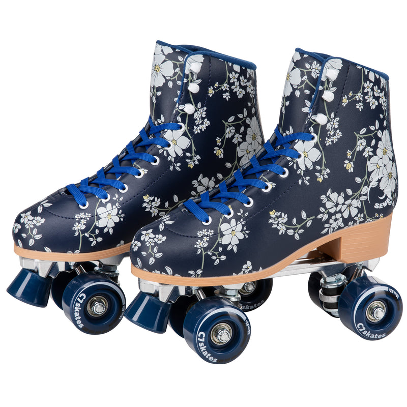 black floral quad roller skates