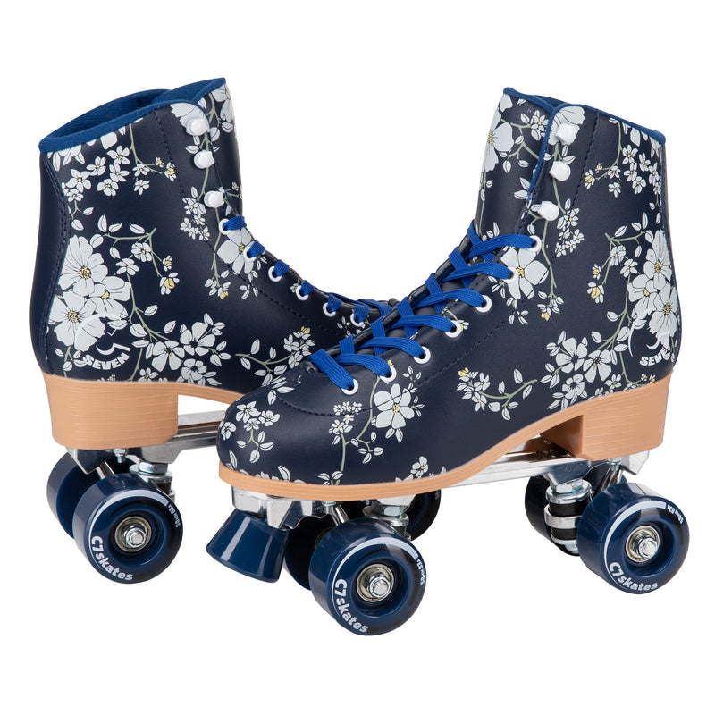 black floral quad roller skates