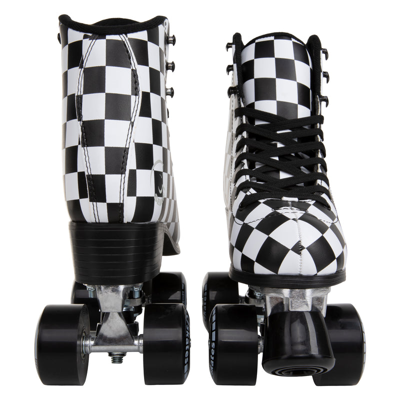 limited edition black and white checkered quad roller skates with removable toe stops, 58mm 83A wheels and structured boot