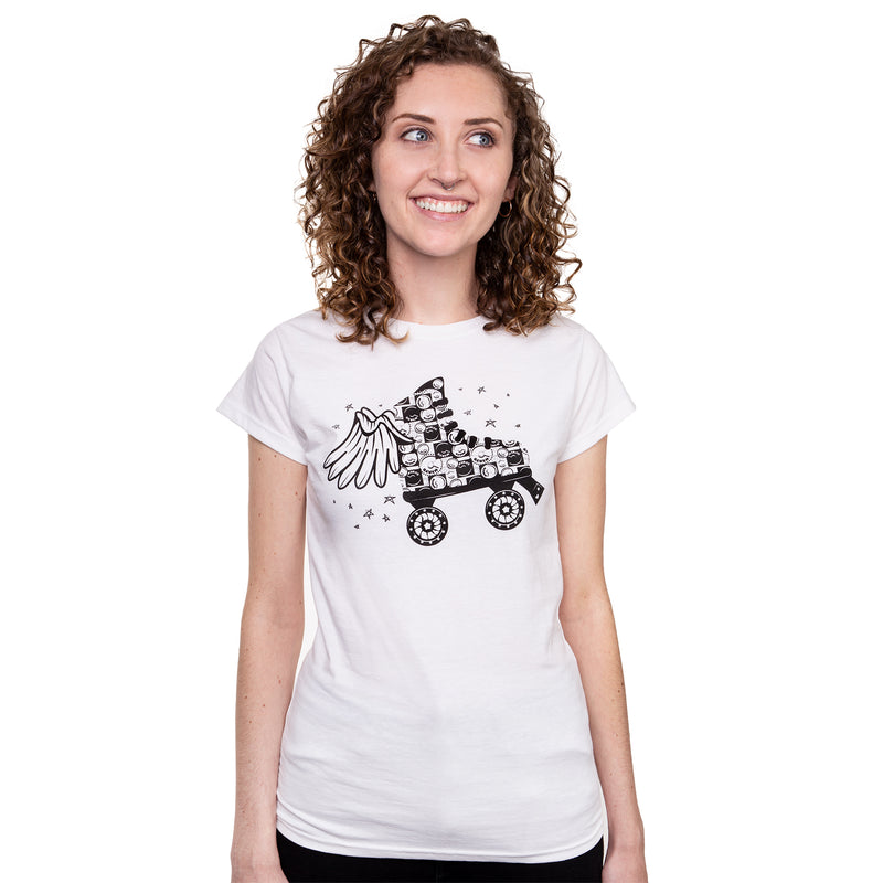 A white t-shirt in a women’s cut with an illustration of a black winged quad skate