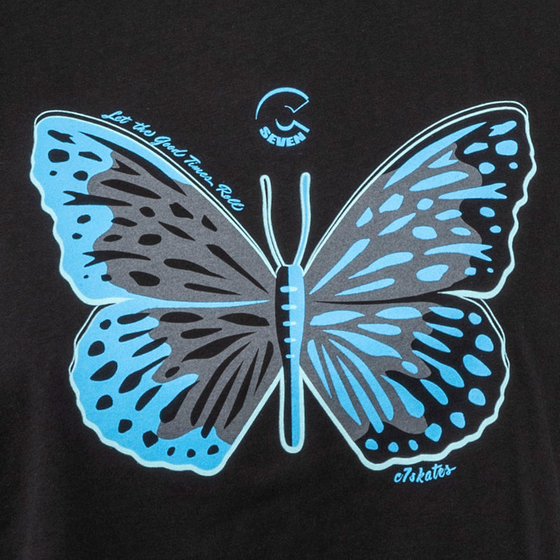 C7skates Magical Butterfly Crop T-Shirt features a blue and gray print in a relaxed, mid-length fit with a tear-away label.  