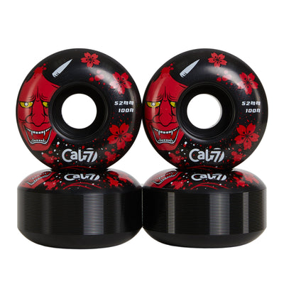 Cal 7 52mm 100A black skateboard wheels with Oni Japanese folklore illustration