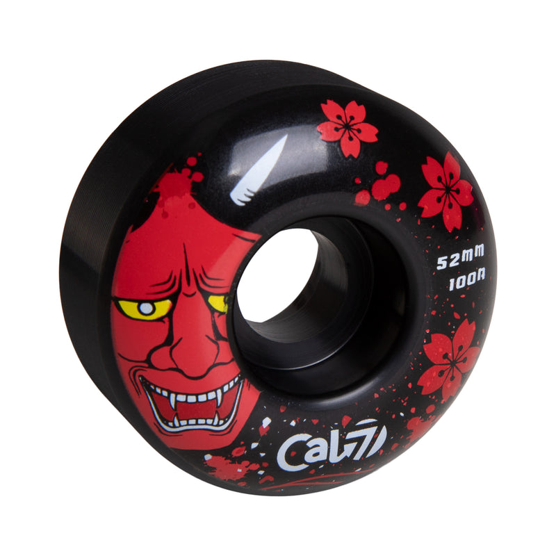 Cal 7 52mm 100A black skateboard wheels with Oni Japanese folklore illustration